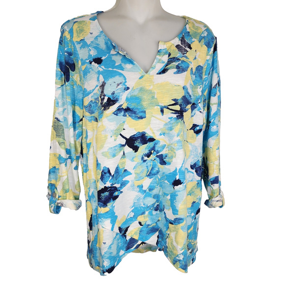 Chicos Women Top Sz 0 Small Spectrum Floral Tulip Hem Notch Neck 3/4 Sleeve Blue - Picture 1 of 9